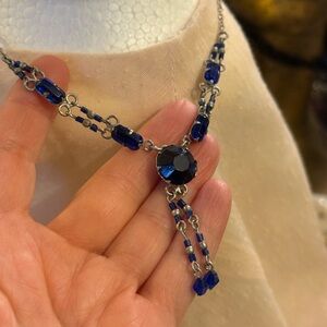 Royal Blue Glass Gems Y Necklace Unmarked Vintage